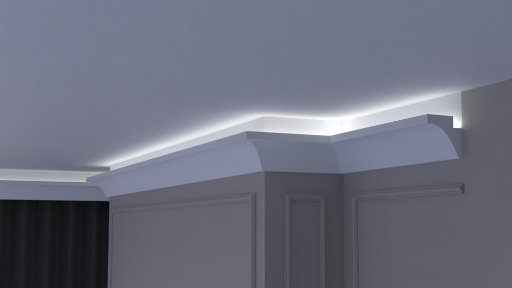 Profil Decorativ din Polistiren pentru Tavane de Interior CIL0031, folosit ca si cornisa pentru Bandă  LED de dimensiuni 100x100x2000