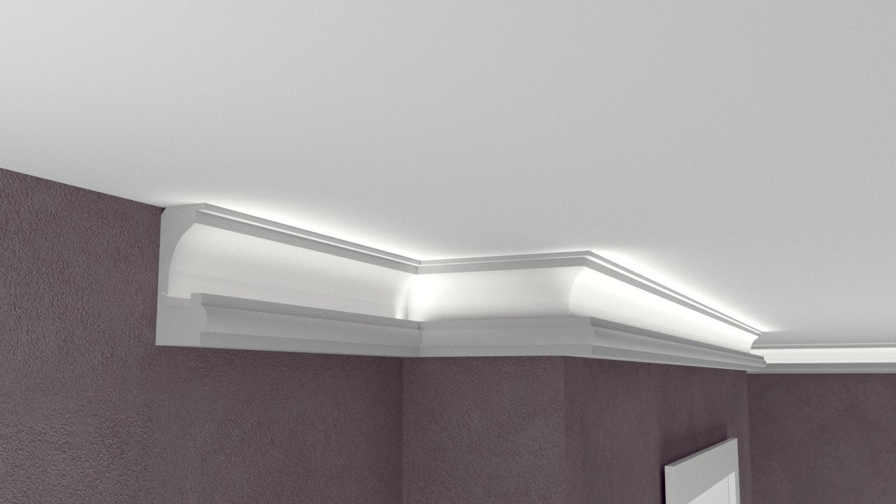 Profil Decorativ din Polistiren pentru Tavane de Interior CIL0032, folosit ca si cornisa pentru Bandă  LED de dimensiuni 115x50x2000