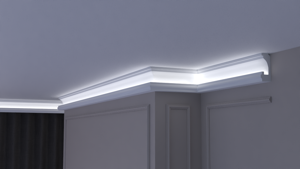 Profil Decorativ din Polistiren pentru Tavane de Interior CIL0032, folosit ca si cornisa pentru Bandă  LED de dimensiuni 115x50x2000