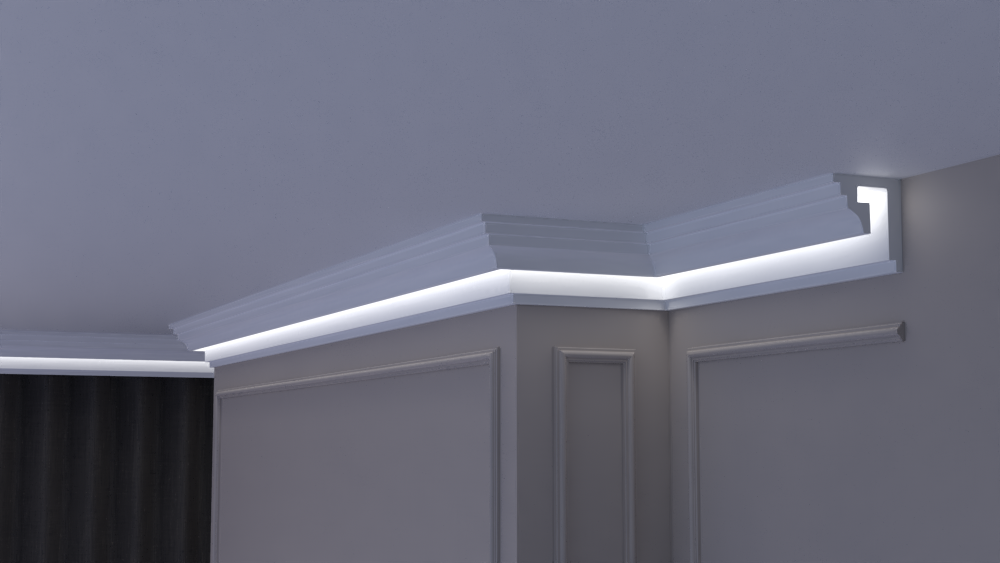 Profil Decorativ din Polistiren pentru Tavane de Interior CIL0033, folosit ca si cornisa pentru Bandă  LED de dimensiuni 115x100x2000