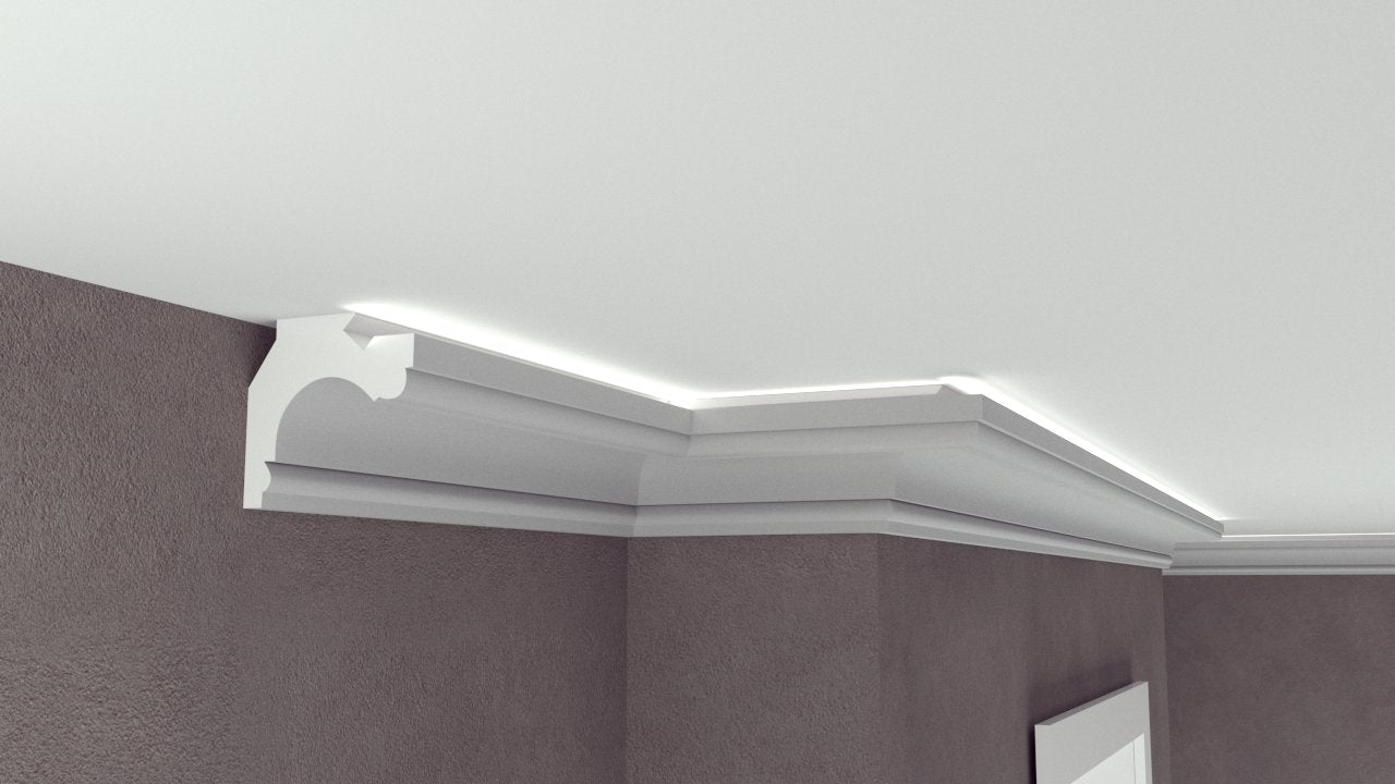 Profil Decorativ din Polistiren pentru Tavane de Interior CIL0034, folosit ca si cornisa pentru Bandă  LED de dimensiuni 101x100x2000
