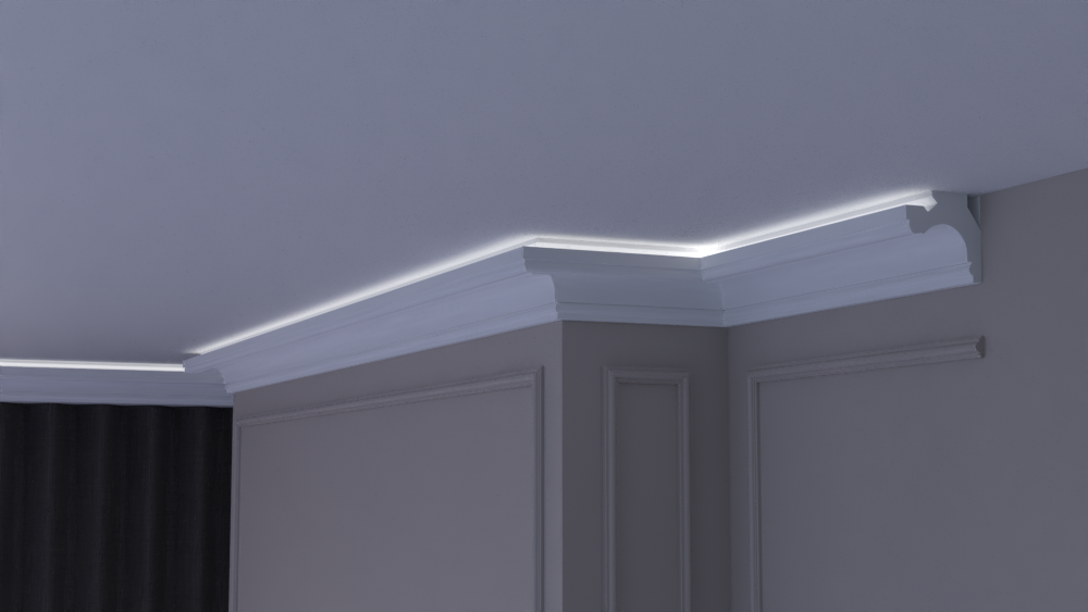Profil Decorativ din Polistiren pentru Tavane de Interior CIL0034, folosit ca si cornisa pentru Bandă  LED de dimensiuni 101x100x2000