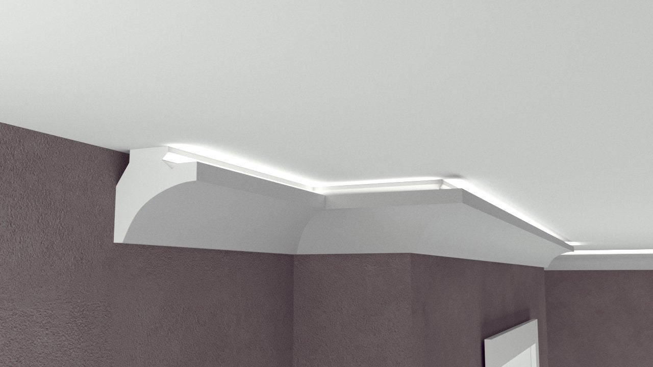 Profil Decorativ din Polistiren pentru Tavane de Interior CIL0035, folosit ca si cornisa pentru Bandă  LED de dimensiuni 105x100x2000