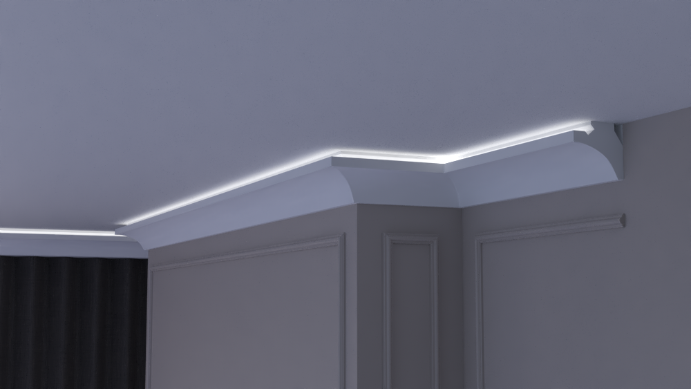 Profil Decorativ din Polistiren pentru Tavane de Interior CIL0035, folosit ca si cornisa pentru Bandă  LED de dimensiuni 105x100x2000