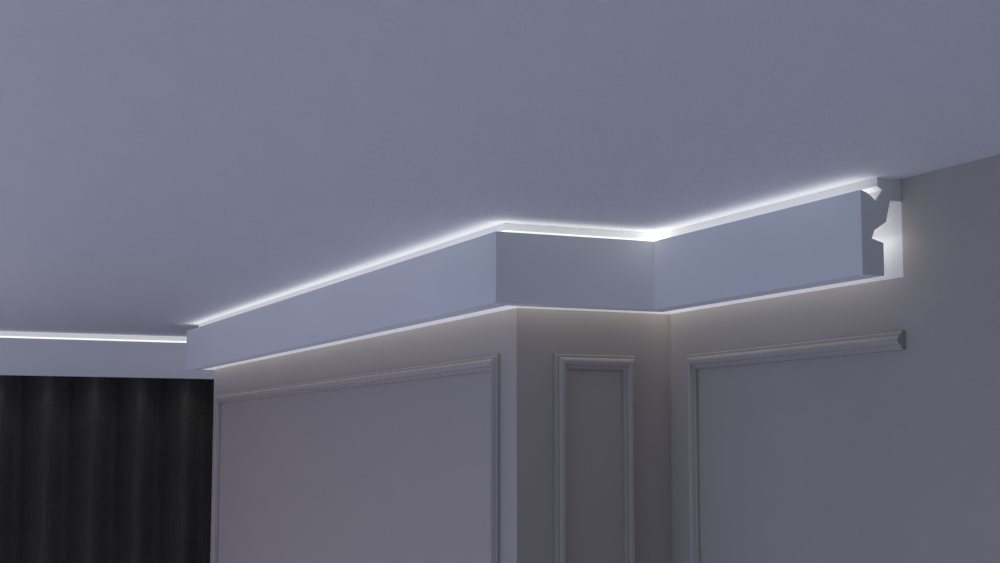 Profil Decorativ din Polistiren pentru Tavane de Interior CIL0036, folosit ca si cornisa pentru Bandă  LED de dimensiuni 120x60x2000