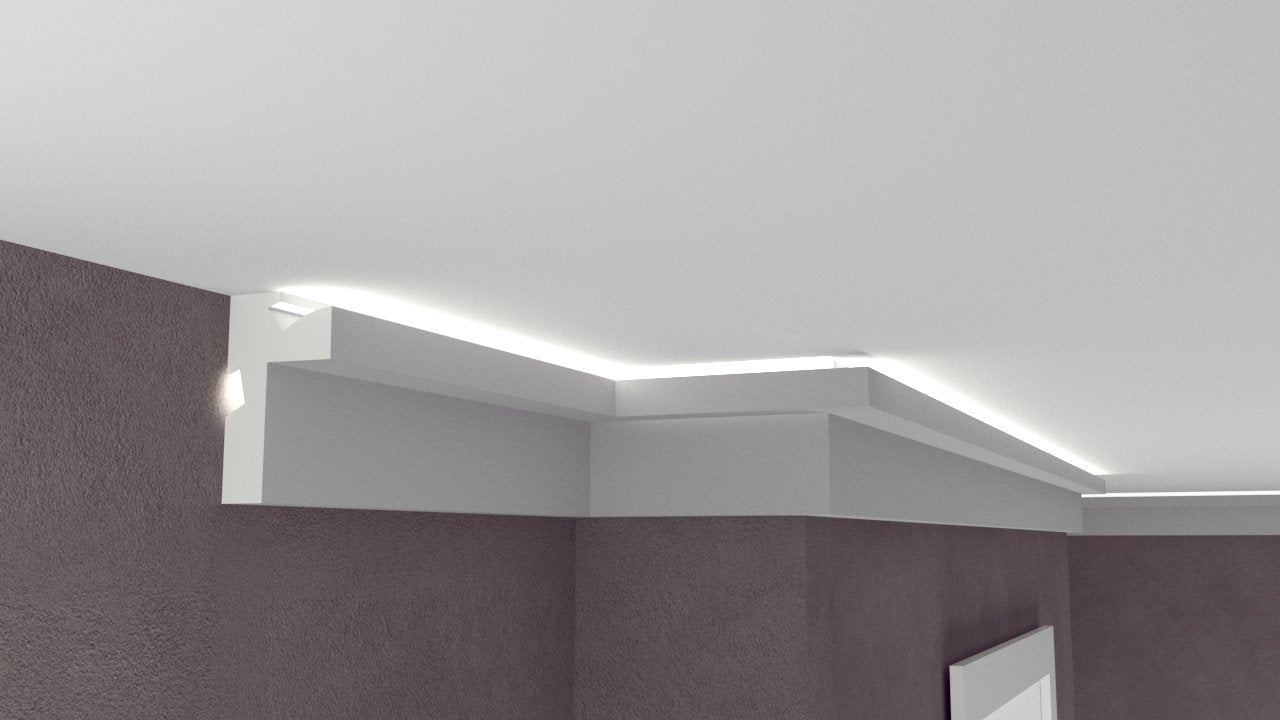 Profil Decorativ din Polistiren pentru Tavane de Interior CIL0039, folosit ca si cornisa pentru Bandă  LED de dimensiuni 120x70x2000