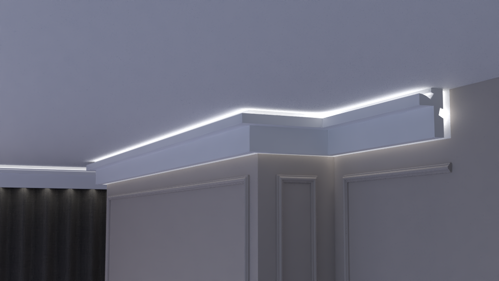 Profil Decorativ din Polistiren pentru Tavane de Interior CIL0039, folosit ca si cornisa pentru Bandă  LED de dimensiuni 120x70x2000