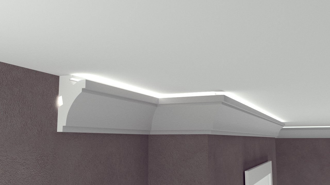 Profil Decorativ din Polistiren pentru Tavane de Interior CIL0040, folosit ca si cornisa pentru Bandă  LED de dimensiuni 125x70x2000