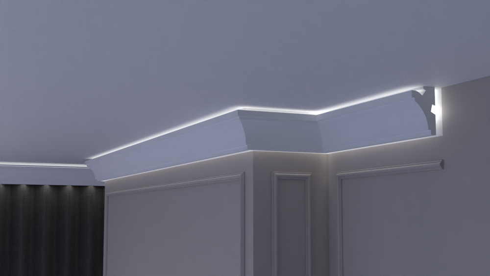 Profil Decorativ din Polistiren pentru Tavane de Interior CIL0040, folosit ca si cornisa pentru Bandă  LED de dimensiuni 125x70x2000
