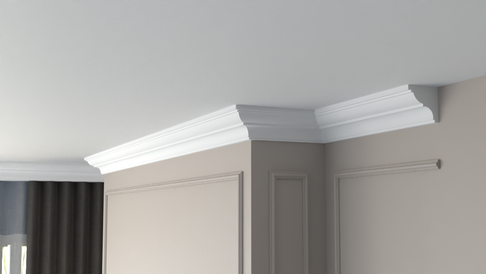 Profil Decorativ din Polistiren pentru Tavane de Interior CIS0011, folosit ca si cornisa de dimensiuni 90x90x2000