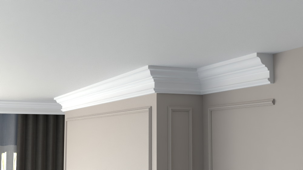 Profil Decorativ din Polistiren pentru Tavane de Interior CIS0005, folosit ca si cornisa de dimensiuni 80x120x2000