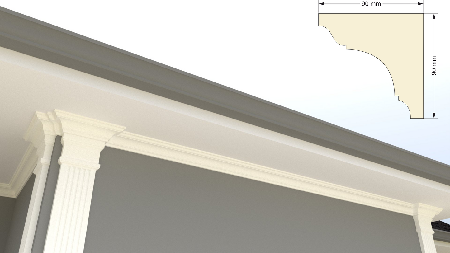 Profil decorativ din polistiren pentru tavan, ștaublat și capitel TRIMINNO-CES0006, folosit ca si solbanc sau cornisa de dimensiuni 90x90x2000