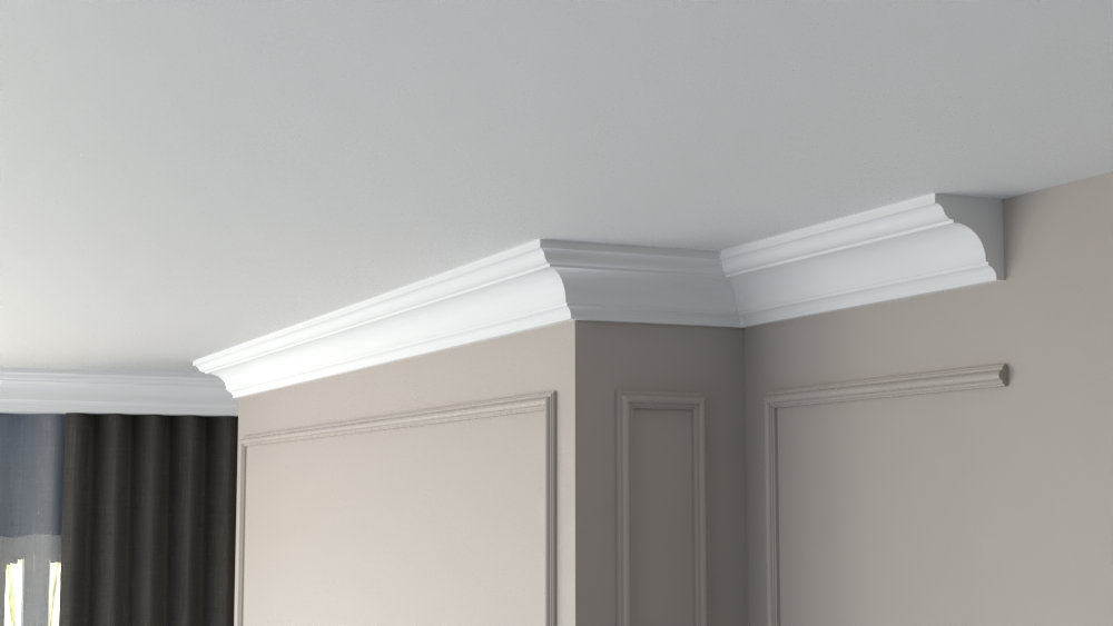 Profil Decorativ din Polistiren pentru Tavane de Interior CIS0006, folosit ca si cornisa de dimensiuni 90x90x2000