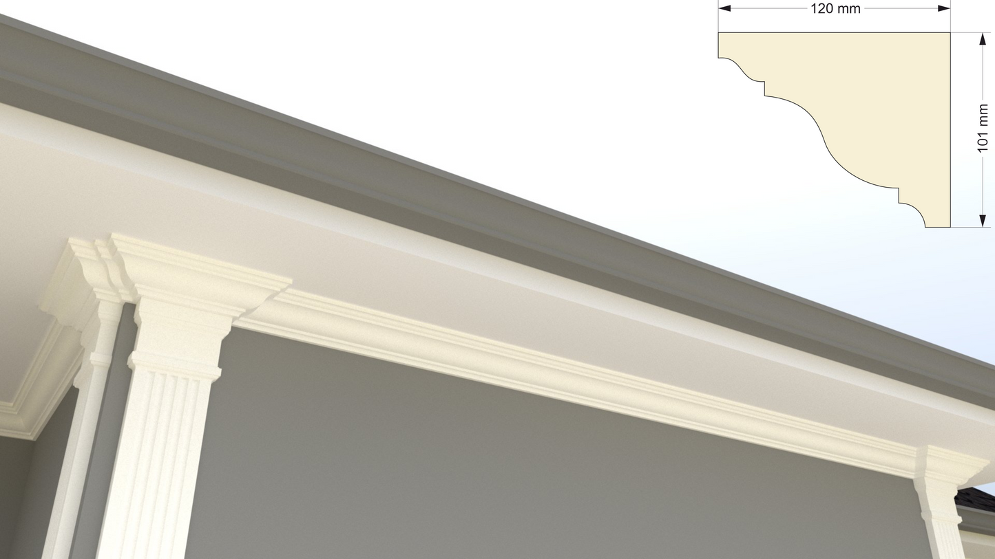 Profil decorativ din polistiren pentru tavan, ștaublat și capitel TRIMINNO-CES0008, folosit ca si solbanc sau cornisa de dimensiuni 101x120x2000