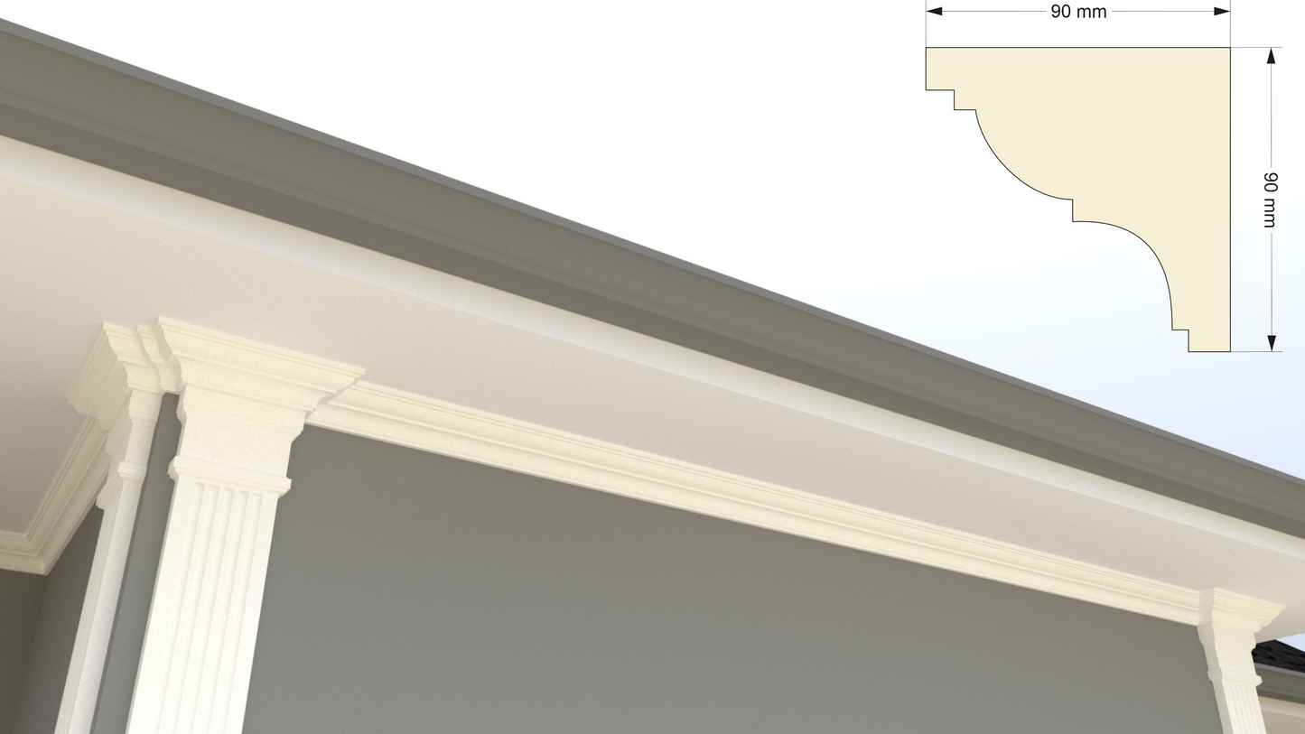 Profil decorativ din polistiren pentru tavan, ștaublat și capitel TRIMINNO-CES0011, folosit ca si solbanc sau cornisa de dimensiuni 90x90x2000