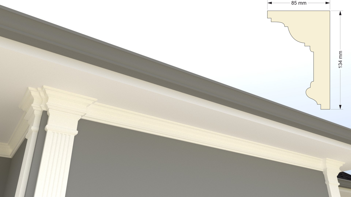 Profil decorativ din polistiren pentru tavan, ștaublat și capitel TRIMINNO-CES0016, folosit ca si solbanc sau cornisa de dimensiuni 135x85x2000