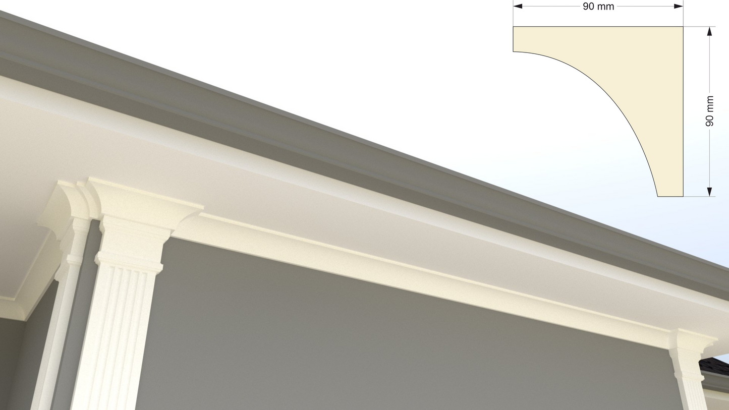 Profil decorativ din polistiren pentru tavan, ștaublat și capitel TRIMINNO-CES0019, folosit ca si solbanc sau cornisa de dimensiuni 90x90x2000